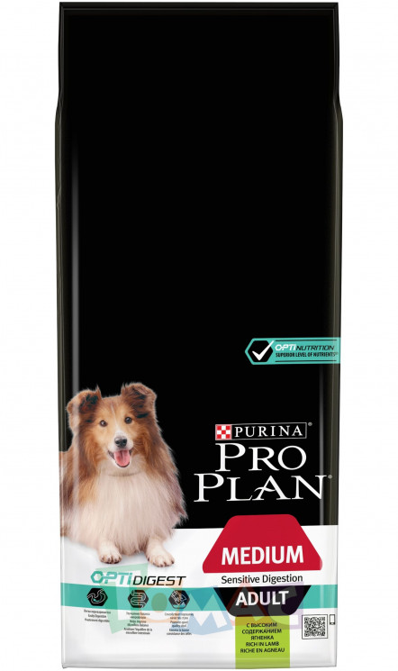 Сухой корм Pro Plan для взрослых собак средних пород с чувствительным пищеварением с комплексом OPTIDIGEST®, с ягненком и рисом, 14 кг.