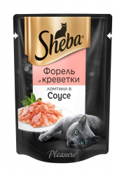 Влажный корм для кошек Sheba Pleasure, кусочки в соусе с форелью и креветками, 85г