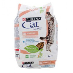 Сухой корм Cat Chow Sensitive для кошек с чувствительным пищеварением, с домашней птицей и лососем, 1.5 кг