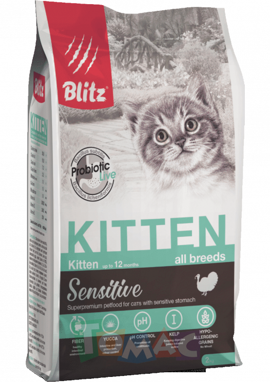 Blitz Sensitive с индейкой сухой корм для котят, беременных и кормящих кошек, 2 кг. 