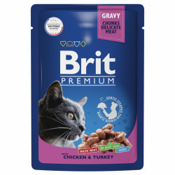 Brit Premium Пауч цыпленок и индейка в соусе для взрослых кошек 85 г.