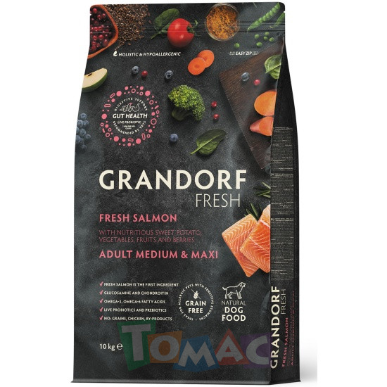 Беззерновой сухой корм GRANDORF FRESH с лососем и бататом для взрослых собак средних и крупных пород Dog Adult MED&MAXI Salmon&Sweet Potato 10 кг.
