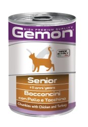 Gemon Cat консервы для пожилых кошек кусочки курицы с индейкой 415г