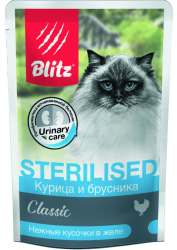 Blitz Classic «Курица и брусника» — нежные кусочки в желе влажный корм для кастрированных котов и стерилизованных кошек 85 г.