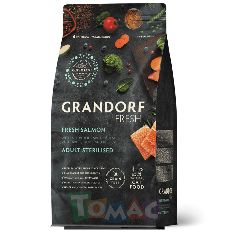 Беззерновой cухой корм GRANDORF FRESH для стерилизованных кошек с лососем и бататом CAT STERILISED Salmon&Sweet Potato 400 г.