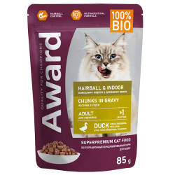 Влажный корм AWARD Hairball & Indoor для выведения шерсти у взрослых домашних кошек кусочки в соусе с уткой 85г.