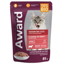 Влажный корм AWARD Indoor big cats для взрослых домашних кошек крупных пород кусочки в соусе с говядиной 85г.
