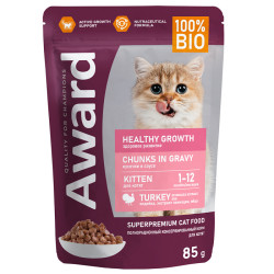 Влажный корм AWARD Healthy growth для котят от 1 месяца кусочки в соусе с индейкой 85г.