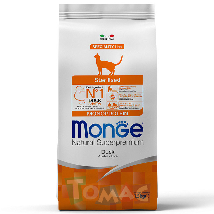 Сухой корм Monge Cat Speciality Line Monoprotein Sterilised для стерилизованных кошек, из утки 1,5 кг.