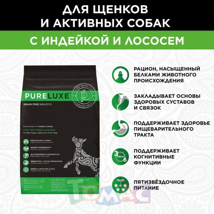 "Pureluxe Healthy Activity с индейкой и лососем" сухой корм для активных собак 1,81 кг.
