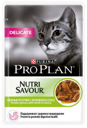 Корм PRO PLAN® NUTRISAVOUR® Delicate для кошек с чувствительным пищеварением, с ягненком в соусе, 85 г.