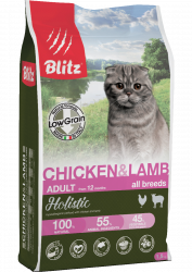 Blitz Holistic КУРИЦА И ЯГНЕНОК — низкозерновой корм для взрослых кошек всех пород, 1,5 кг. 