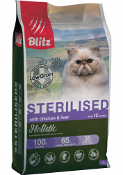 Blitz Holistic КУРИЦА И ПЕЧЕНЬ — низкозерновой корм для кастрированных или стерилизованных кошек и котов всех пород, 1,5 кг.