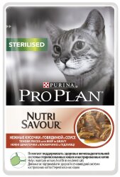 Корм PRO PLAN NUTRISAVOUR Sterilised для стерилизованных кошек, с говядиной в соусе, 85 г.